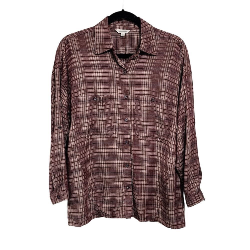 Max Studio Top S Button Up Plaid Lightweight Oversized Grunge Indie Granola